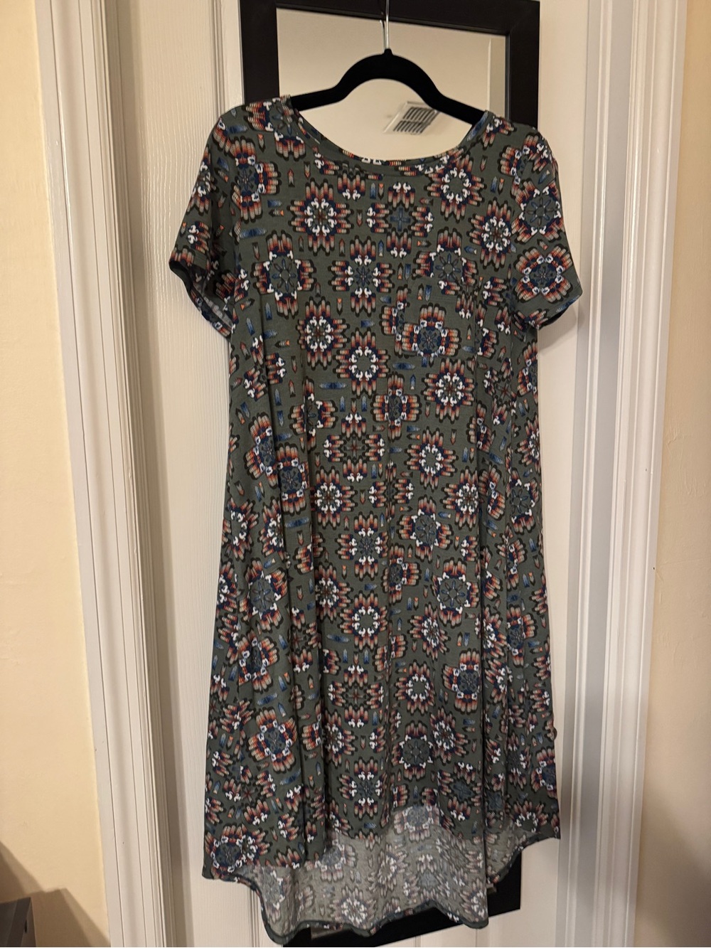 LuLaRoe Disney Mickey Mouse Olive Green Patterned High-Low Dress